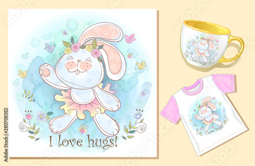 Bunny hug. Hilarious e-card. Print on the mug and t-shirt. Vector. Watercolor.