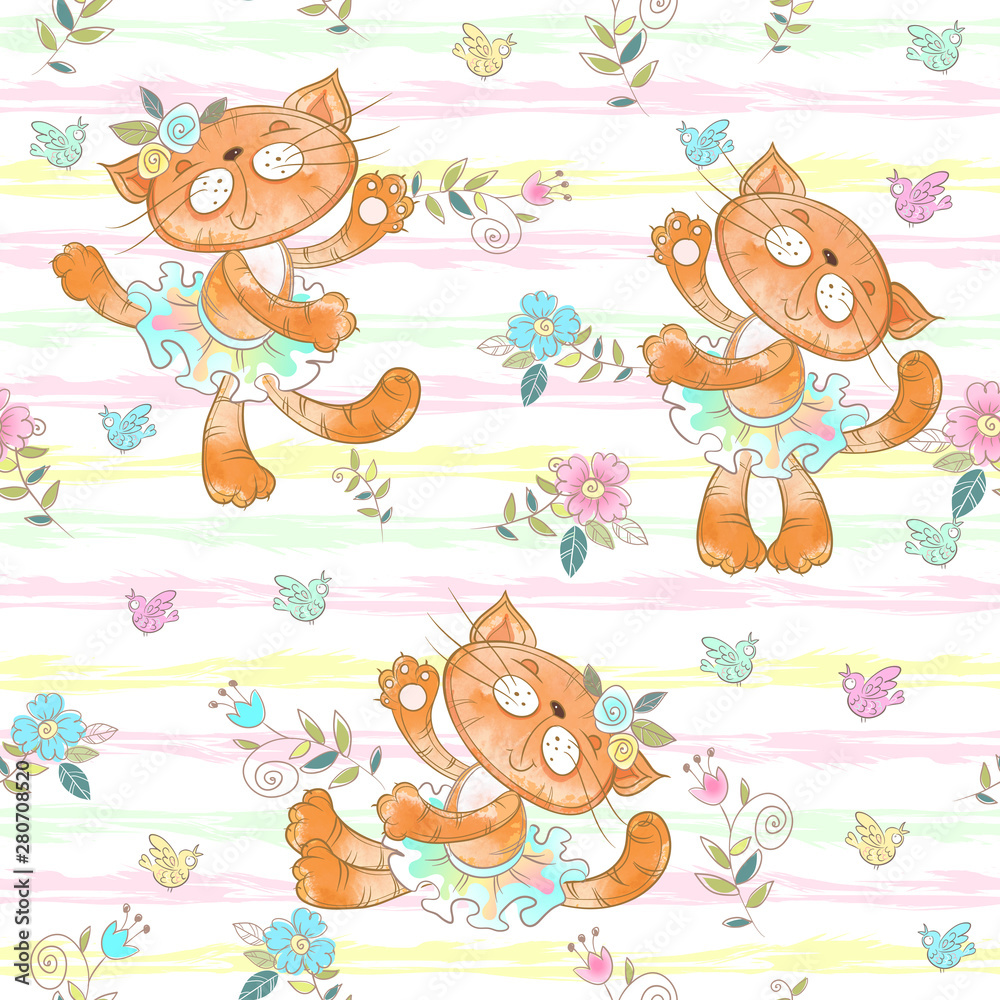 Seamless pattern with dancing cats ballerinas. Vector.