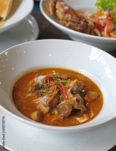 closeup thai red curry with pork rib