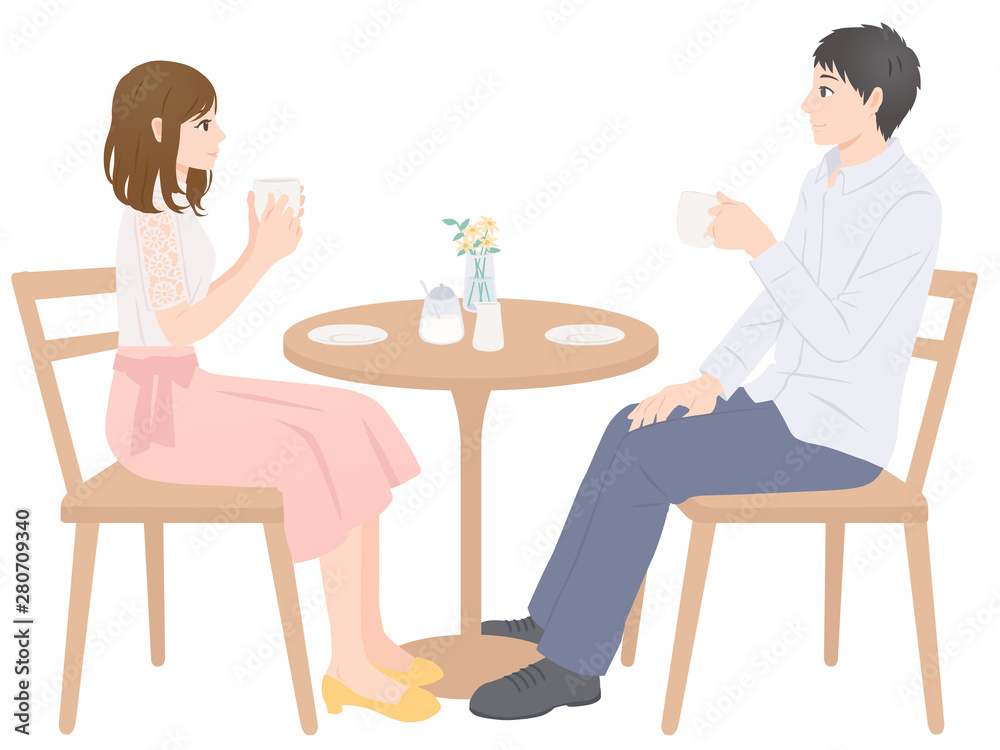 カフェでお茶を飲む男女