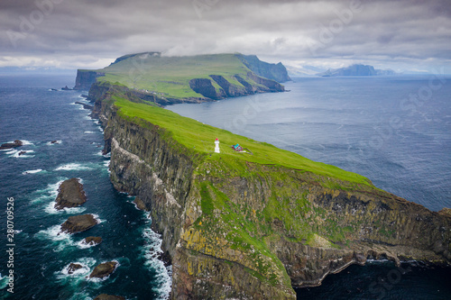 Canvastavla Aerial view of lighthouse at Mykines island in Faroe Islands, North Atlantic Ocean