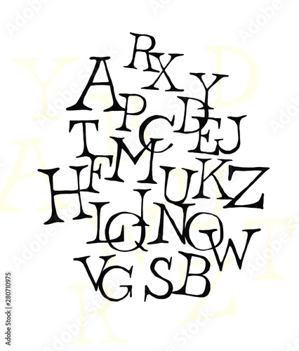 Set of letters of the English font. Vector. Alphabet of latin letters. The style is free  arbitrary  inscription of characters by hand. Something like a classic font.