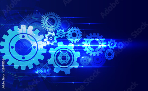 Cyber security protection concept technology with electronic circuit on blue background and arrow. Protect mechanism, system privacy. Vector illustration