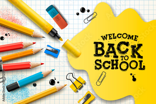 Welcome Back to School, poster and banner with colorful pencils and elements for retail marketing promotion and education related. Vector illustration.