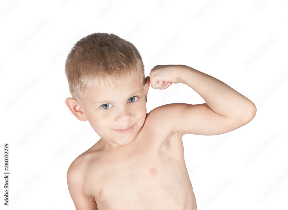 little boy is showing his arm muscles