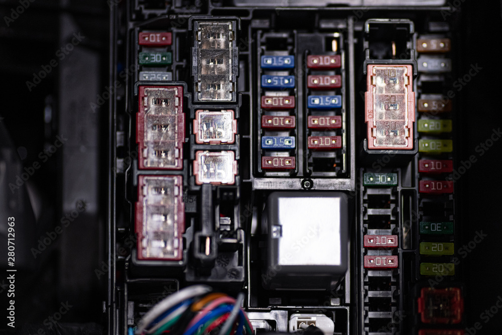 Car fuse box with fuses and relays Car fuse box with fuses and relays