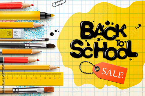 Back to school Sale design with pencils and typography lettering. Vector School illustration for poster, web, cover, ad, greeting, card, social media, promotion.