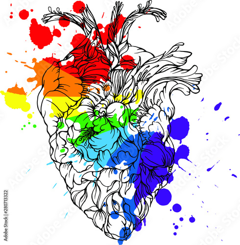 Vector hand drawn anatomical shape  heart from flowers and rainbow colors blotch with spray