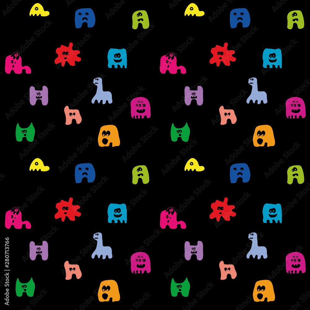Colorful set of funny doodle monsters on black background. Vintage vector design. Retro video games seamless pattern. Colorful set of funny doodle monsters on black background. Vintage vector design. Retro video games seamless pattern.