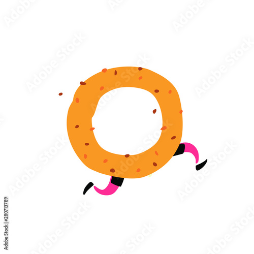 Illustration of a tasty bagel. Vector. Character with legs. Icon for site on white background. Sign, logo for the store. Delivery of fresh bakery and confectionery. Flat style.