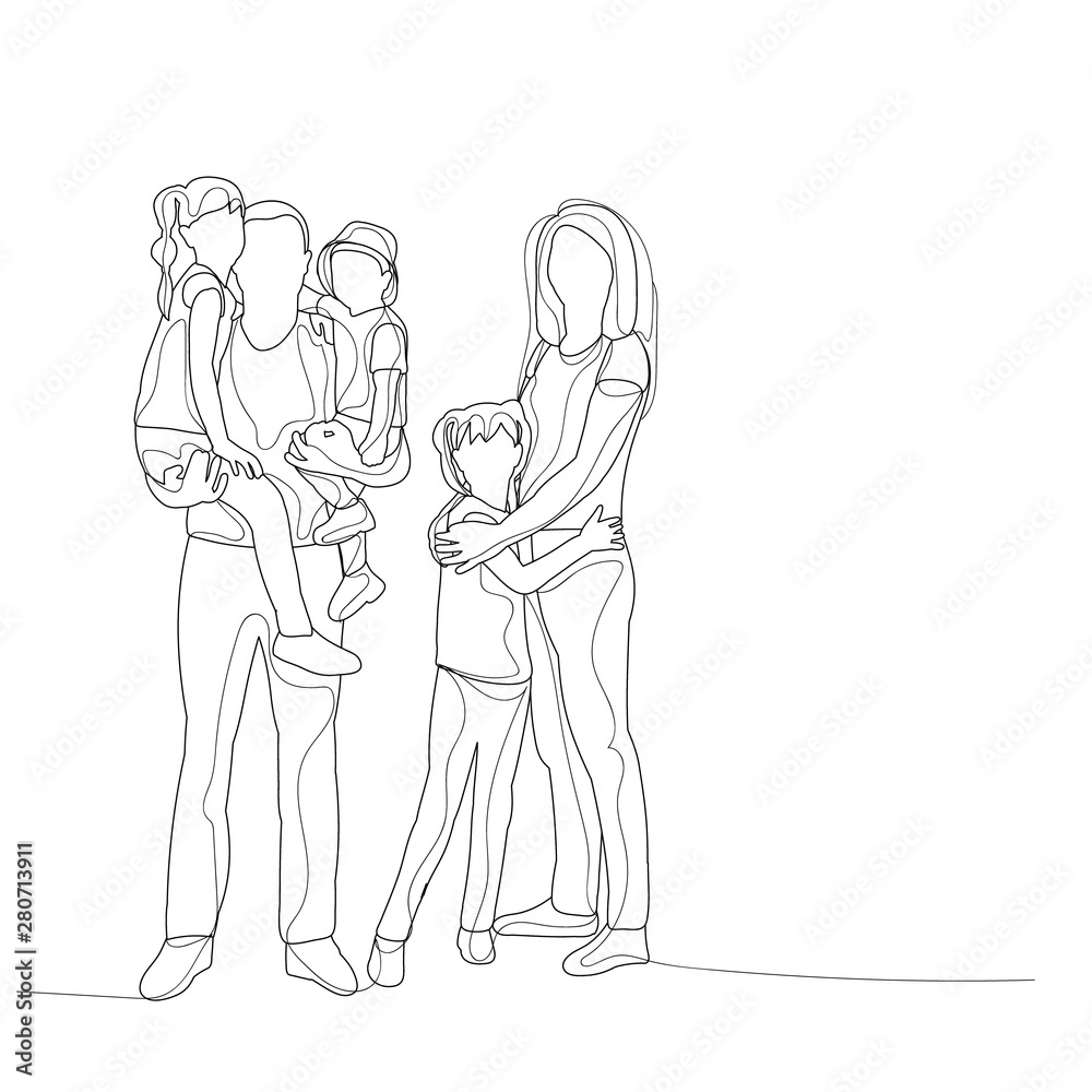  isolated lines with family, parents and children sketch