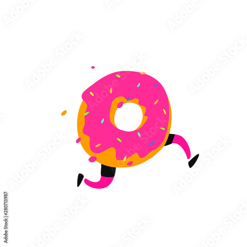 Illustration of a running donut. Vector. Sweet donut character with legs. Icon for site on white background. Sign, logo for the store. Delivery of fresh bakery and confectionery. Flat style.