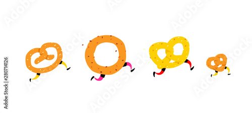 Illustration of running bagels. Running pretzel with friends. Vector. Crunchy characters with legs. Icons for sites. Sign, logo for the store. Delivery of fresh bakery products.