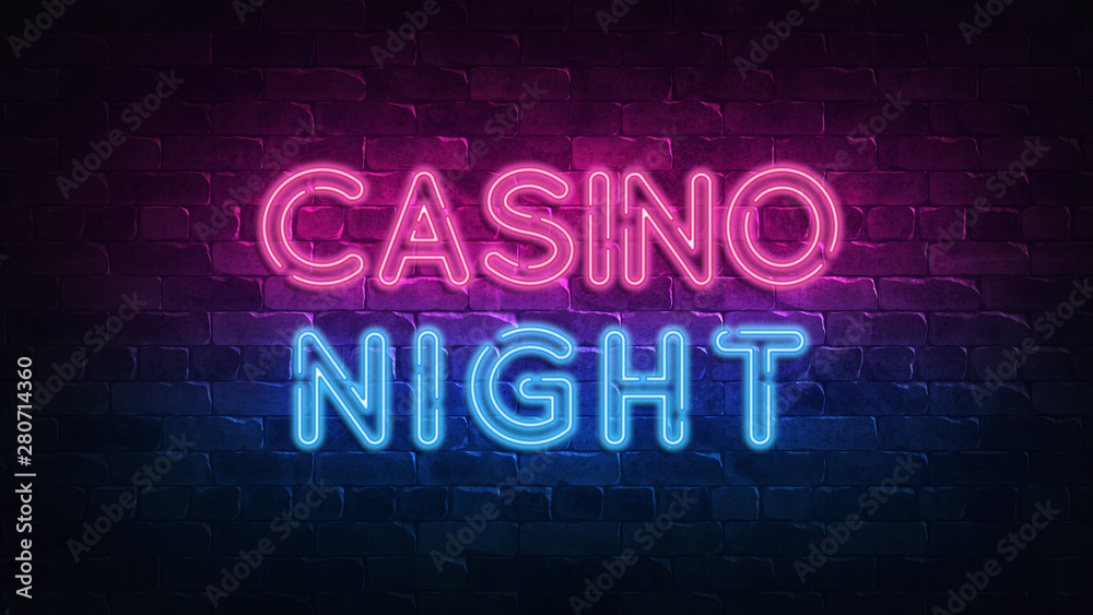 Casino night neon signboard for banner design. Casino vegas game. Neon sign, light banner. Win fortune roulette. Fortune chance jackpot. Business background. Casino jackpot concept. 3d render