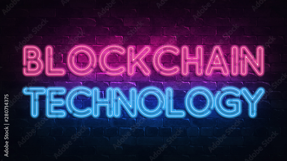 Banner with blockchain neon signboard. Digital technology concept. Bitcoin cryptocurrency. Decoration element. Modern line style. Digital virtual currency. Fintech technology. 3d render Banner with blockchain neon signboard. Digital technology concept. Bitcoin cryptocurrency. Decoration element. Modern line style. Digital virtual currency. Fintech technology. 3d render