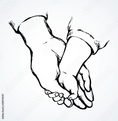 Children's hand holding an adult. Vector drawing