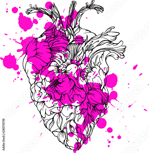 Vector hand drawn anatomical shape heart made from flowers and with bright pink blotch
