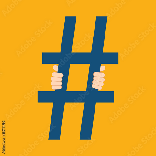 Social media prisoner. Human hands holding prison bars stylized as hashtag. Social media addiction concept