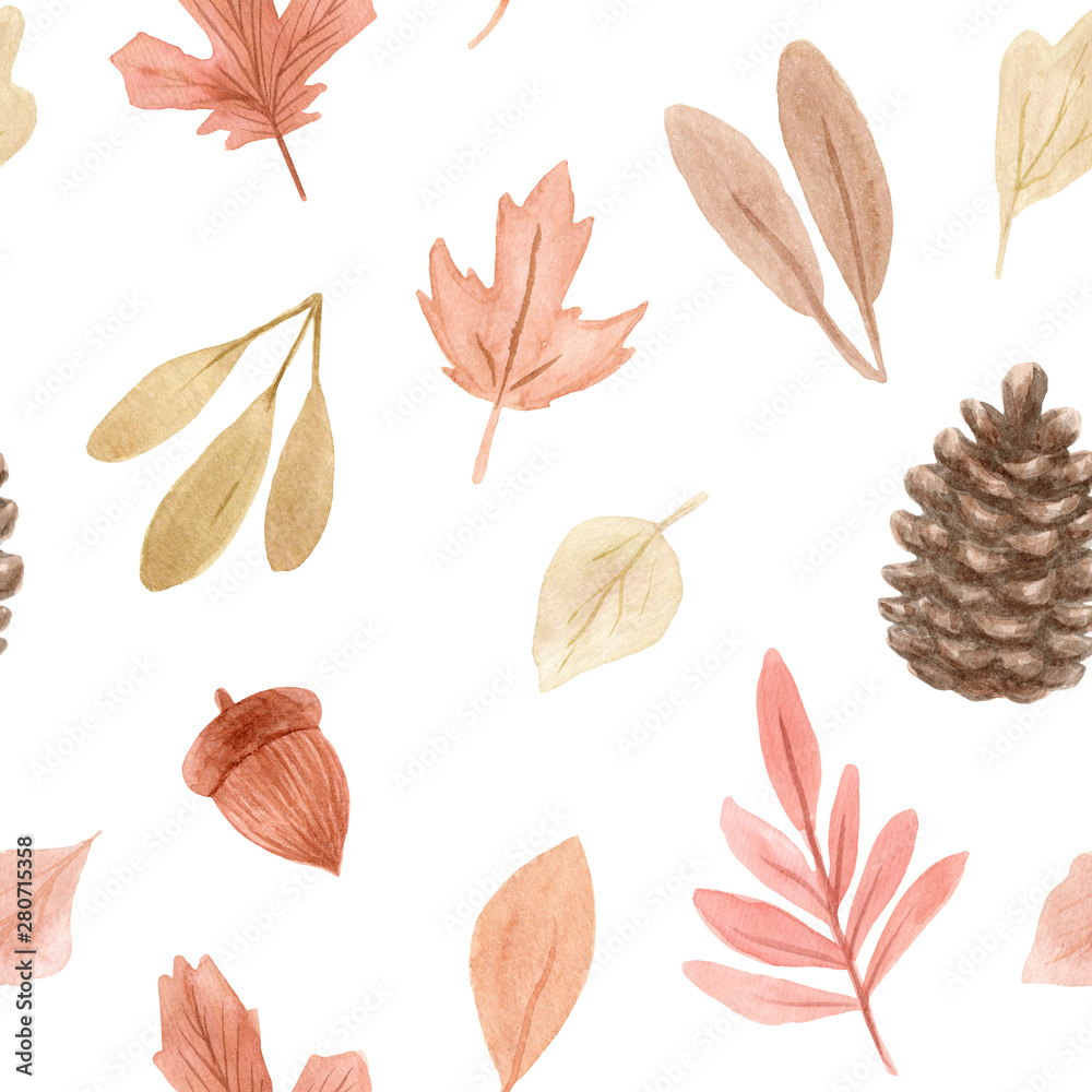 Obraz premium Seamless pattern of watercolor autumn leaves. Isolated on white background. Hand drawn painted flowers illustration