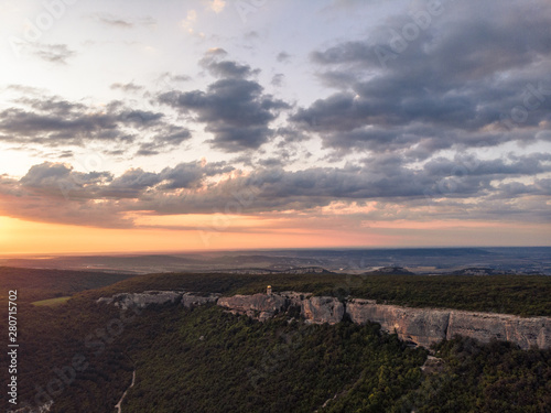 sunset over the mountain monastery of Crimea