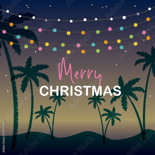 Palm tree silhouette and hanging garland light illustration