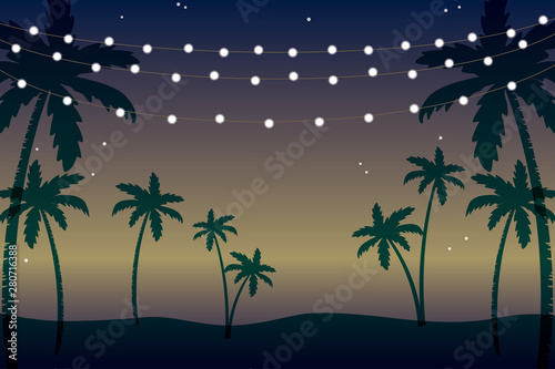 Palm tree silhouette and hanging garland light illustration