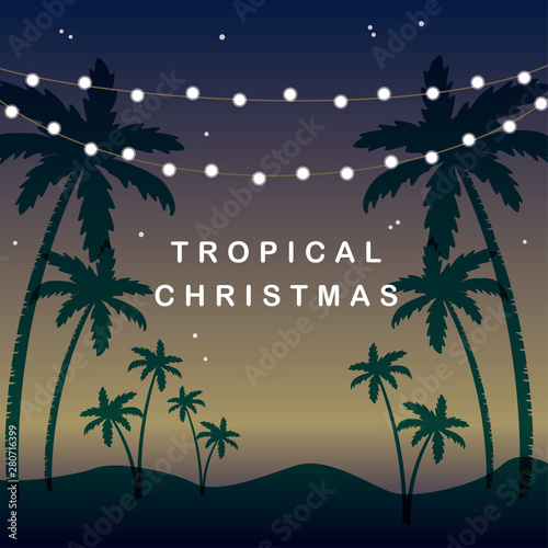 Palm tree silhouette and hanging garland light illustration