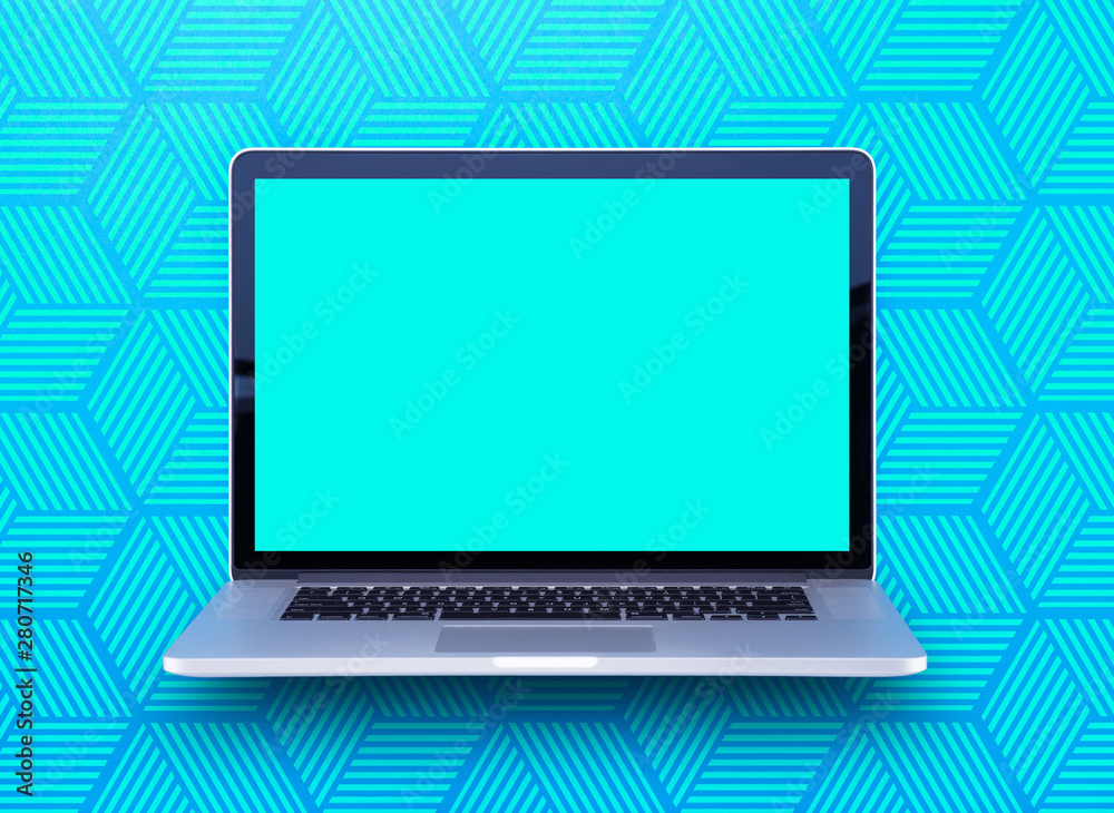 Computer staying on a table & showing the screen. Trendy & vibrant design. Geometry. Innovational digital internet applications & web business solutions. Modern workspace in an office. Development. Computer staying on a table & showing the screen. Trendy & vibrant design. Geometry. Innovational digital internet applications & web business solutions. Modern workspace in an office. Development.
