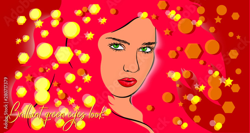 Colorful vector illustration of a girl in sequins with green hair. A brilliant glance green eye.