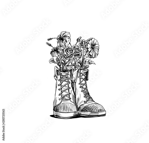 Hipster sneakers in hand drawn graphic, Vector fashion illustration.