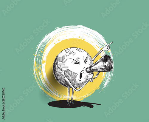 Earth hand holding megaphone. Concept for social networks, promotion and advertising. hand draw sketch design vector illustration.