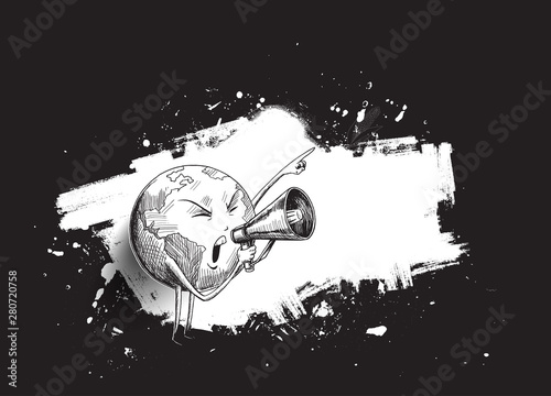Earth hand holding megaphone. Concept for social networks, promotion and advertising. hand draw sketch design vector illustration.
