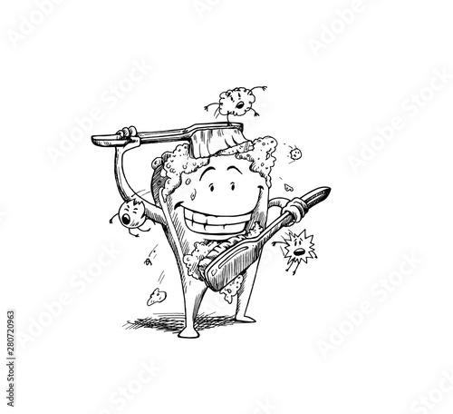 Tooth with a toothbrush,  tooth cleaning himself with a toothbrush. Dental hygiene concept. Hand Draw Sketch Vector illustration.