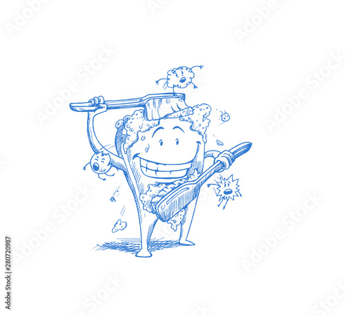 Tooth with a toothbrush,  tooth cleaning himself with a toothbrush. Dental hygiene concept. Hand Draw Sketch Vector illustration.