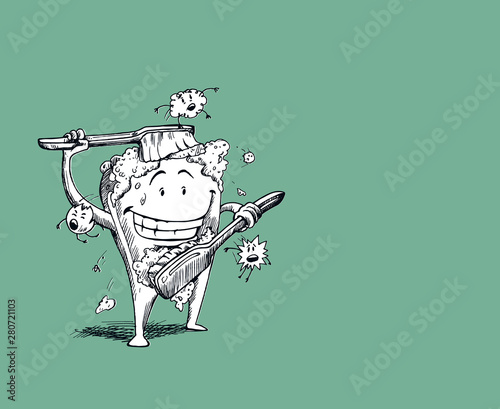 Tooth with a toothbrush,  tooth cleaning himself with a toothbrush. Dental hygiene concept. Hand Draw Sketch Vector illustration.