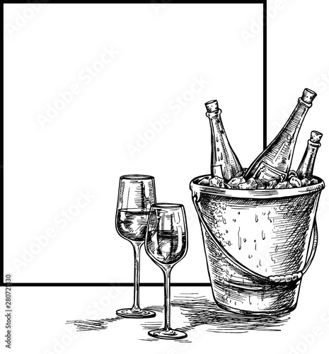 Sketch of wine bottle, glass of red wine. Hand Drawn Sketch Vector illustration.