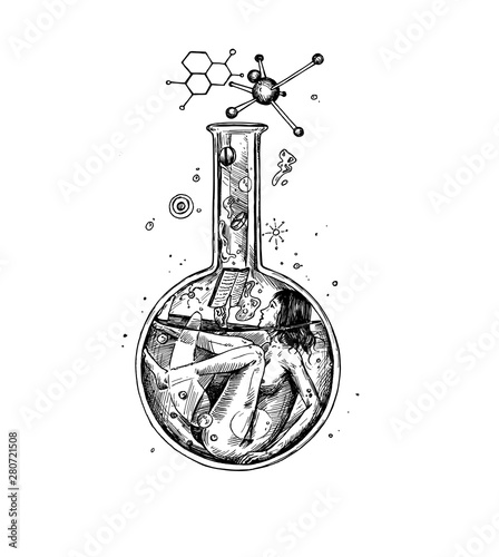 Doodle of scientist woman with a chemistry glass reading chemical reaction. Hand Draw Sketch Illustration Design.