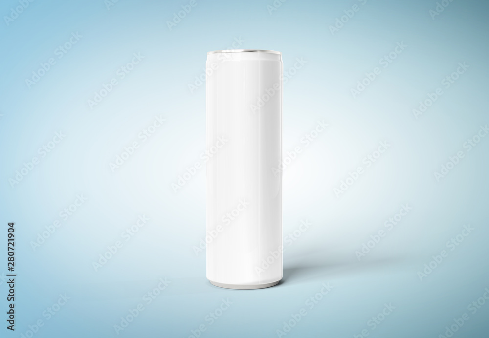 Blank slim soda can mockup on blue background 3D rendering Blank slim soda can mockup on blue background 3D rendering