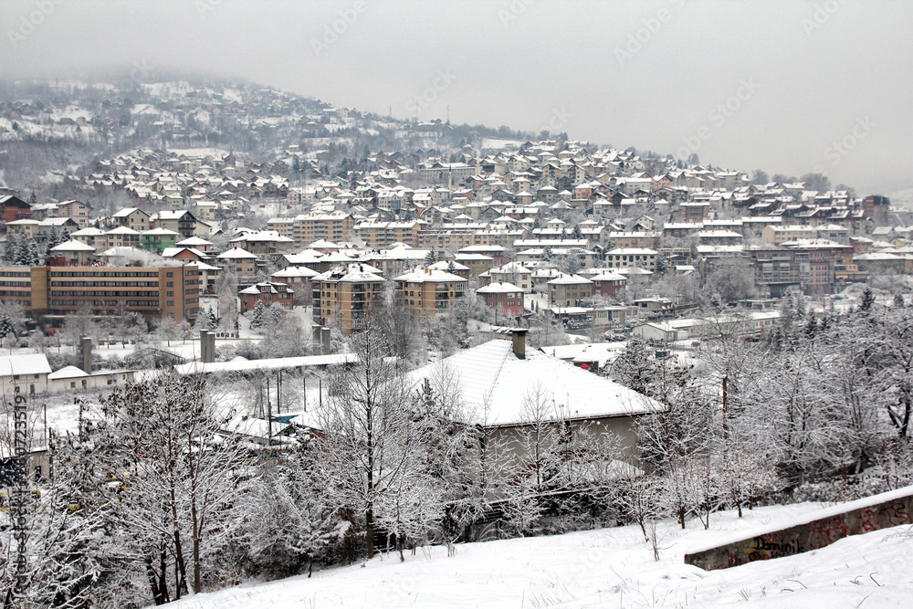 View of the city after heavy snowfall.