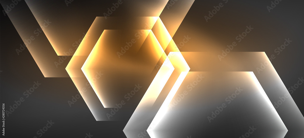 Neon color hexagon shapes, lines on black background. Modern template for web backdrop design. Abstract geometric frame Neon color hexagon shapes, lines on black background. Modern template for web backdrop design. Abstract geometric frame