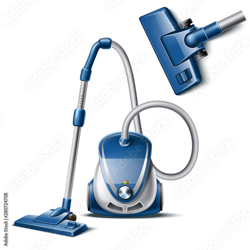 Realistic vacuum cleaner with hose and nozzle 3d icon. Household chores modern appliance. Vector electric machine for housekeeping, sweeping dust. Home cleanup tool. Cleaning instrument.