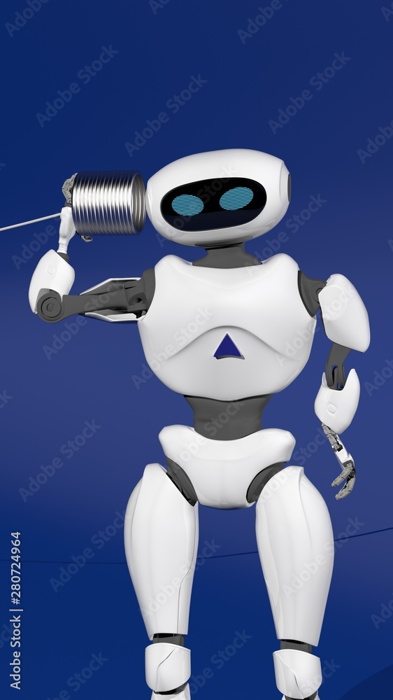 Robot with tin can phone,information,3d render Robot with tin can phone,information,3d render