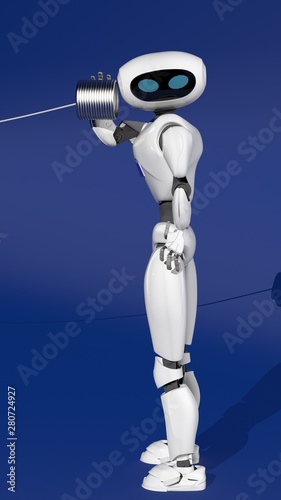 Robot with tin can phone,information,3d render