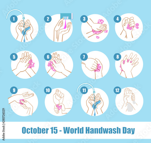 Washing hands properly infographic set cartoon style vector illustration isolated on a white background.