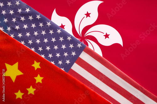 Photography Concept of Trilateral relationship between China, Honk Kong and USA showing with