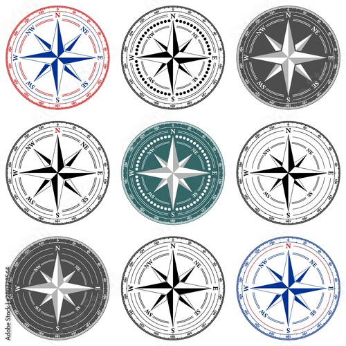 Dial Compass Set with Windrose. 9 vector illustrations