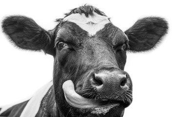 A close up photo of a black and white cow 