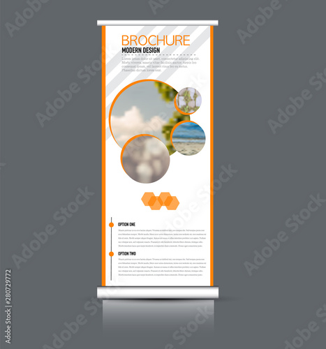 Roll up stand template. Vectical banner layout design for advertisement, presentation, business, education. Orange color. Vector illustration.