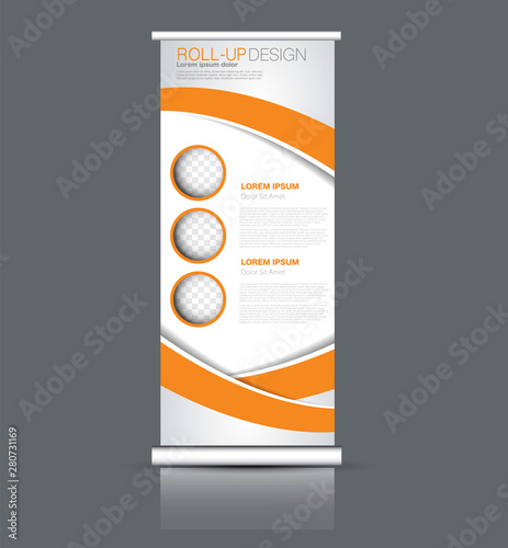 Roll up stand design. Vertical banner template. Vector illustration. Orange color.