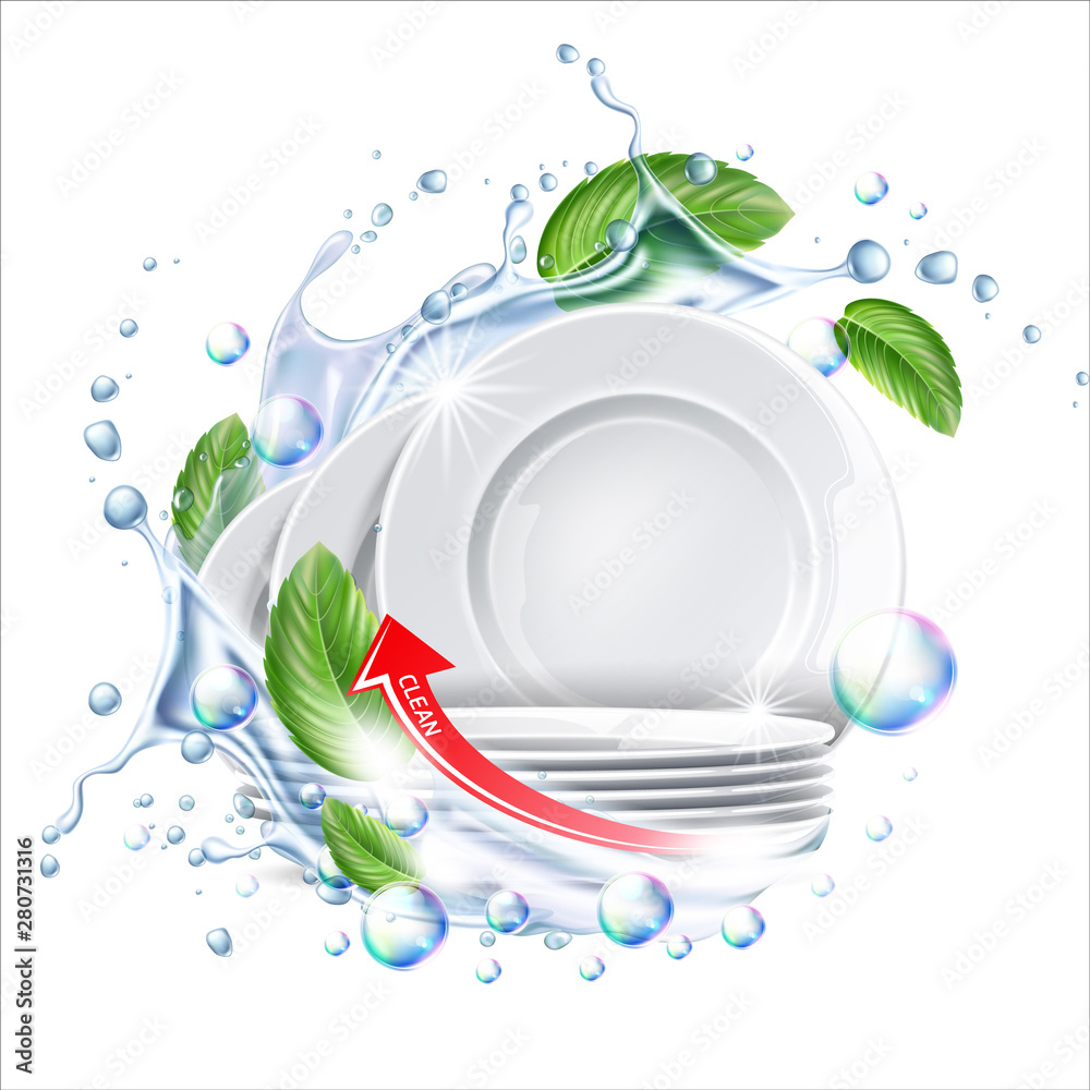 Stack of clean plates in water splash with green leaves for dishwashing